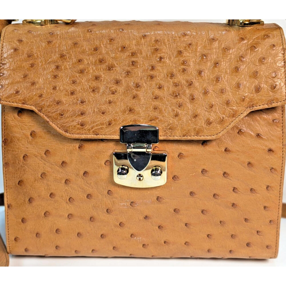 Scuola Del Cuoio Ostrich Leather Caramel Brown Flap Handbag Purse Firenze Italy - Picture 3 of 16